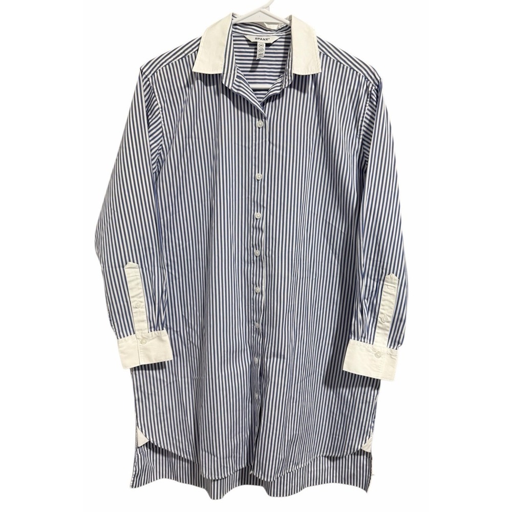 Spanx Poplin Shirt Dress Blue/White Stripe Women's Size XS